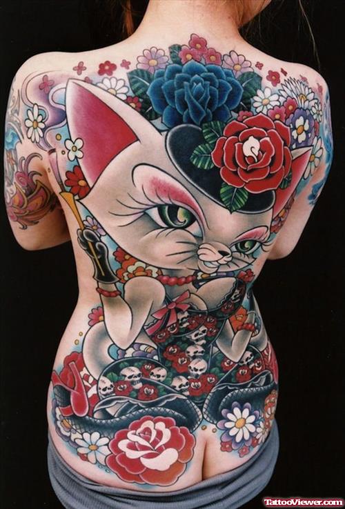 Color Flowers And Kitty Graffiti Tattoo On BAck