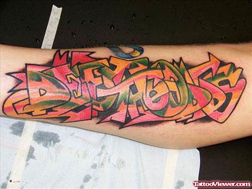 Awful Color Ink Graffiti Tattoo On Sleeve