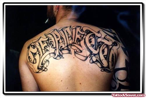 Wonderful Grey Ink Graffiti Tattoo On Man Upperback