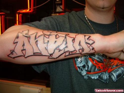 Grey Ink Graffiti Tattoo On Man Right Sleeve