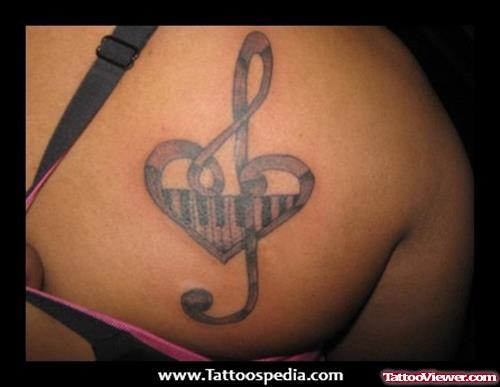 Graffiti Music Heart Tattoo On Right Back Shoulder