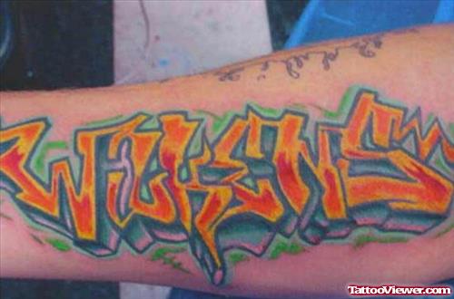 Color Ink Graffiti Tattoo On Left Sleeve
