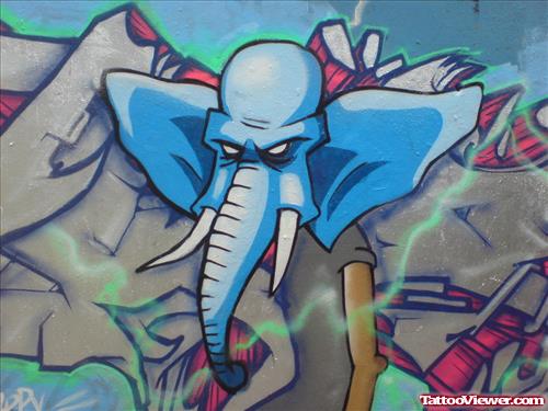 Blue Ink Elephant Head Graffiti Tattoo Design