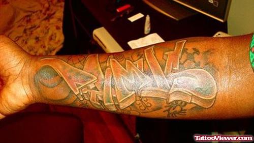 Color Ink Graffiti Tattoo On Right Forearm