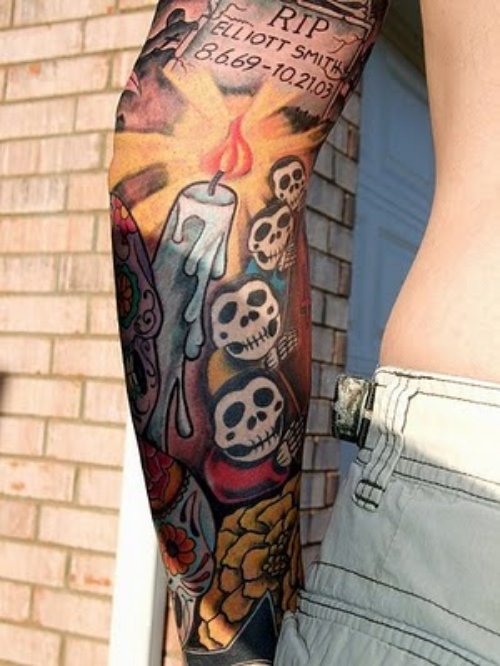 Color Ink Burning Candle Graffiti Tattoo On Sleeve