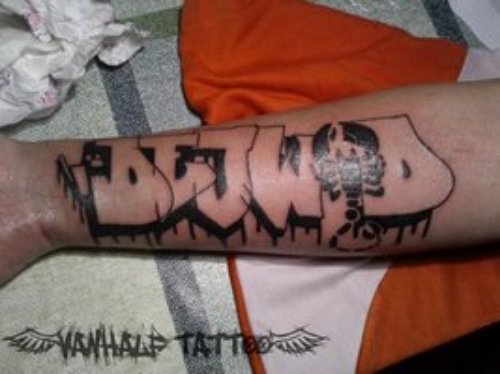 Crazy Grey Ink Graffiti Tattoo On Right Sleeve