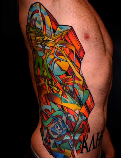 Colored Graffiti Tattoo On Man Side Rib