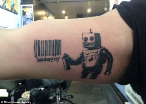 Barcode And Robot Graffiti Tattoo On Muscles