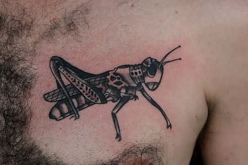 Beautiful Grasshopper Tattoo On Man Chest