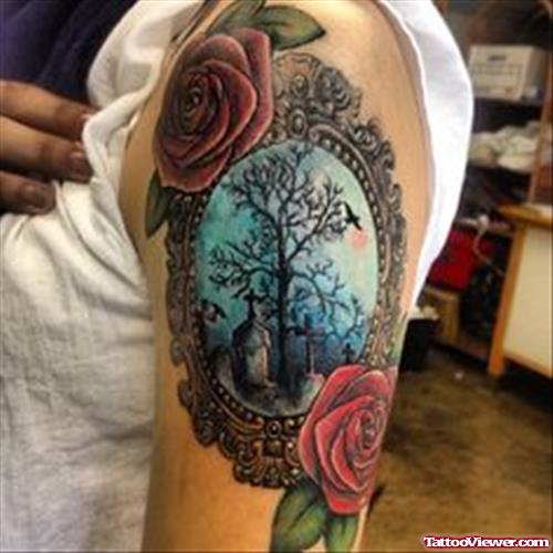 Rose Flowers and Graveyard Tattoo On Left Half Sleeve