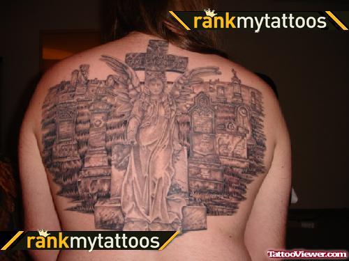 Grey Ink Graveyard Tattoo On Upperback