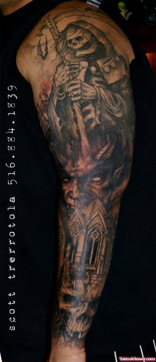 Grey Ink Graveyard Tattoo On Left Sleeve