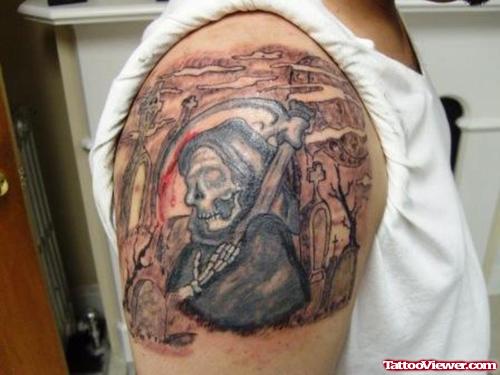 Graveyard Tattoo On Right Shoulder