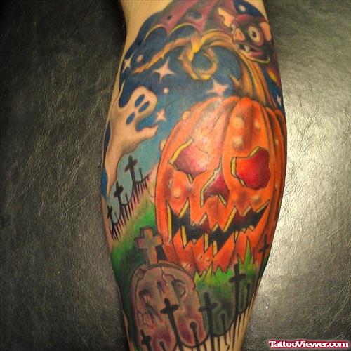 Colored Pumpkin Graveyard Tattoo On Leg