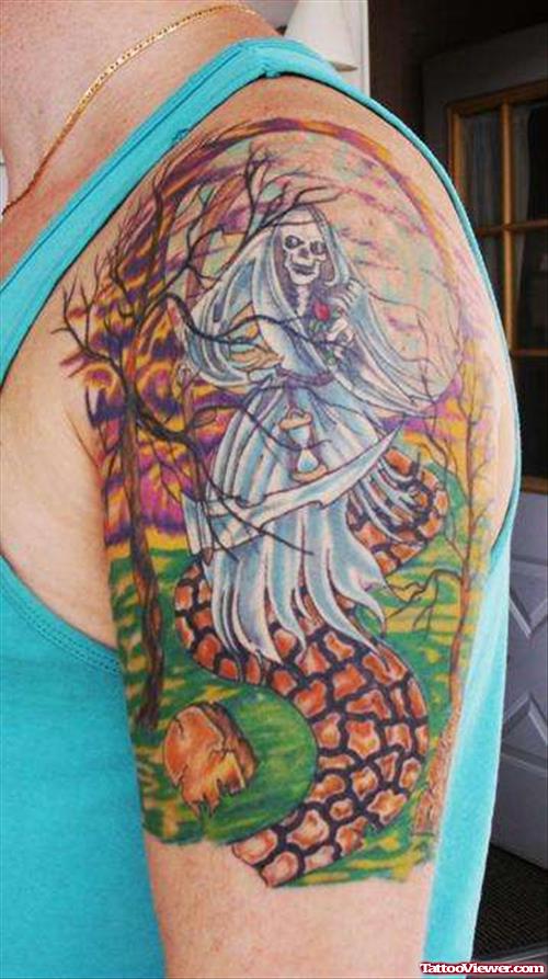 Colored Graveyard Tattoo On Left Half Sleeve