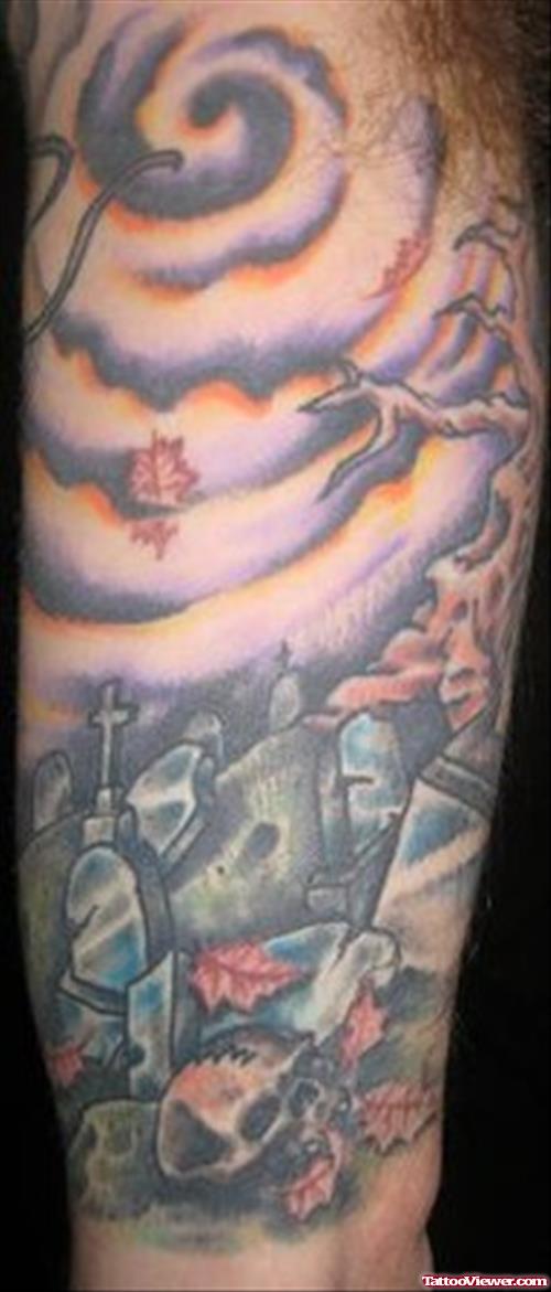 Color Ink Graveyard Tattoo On Right Sleeve