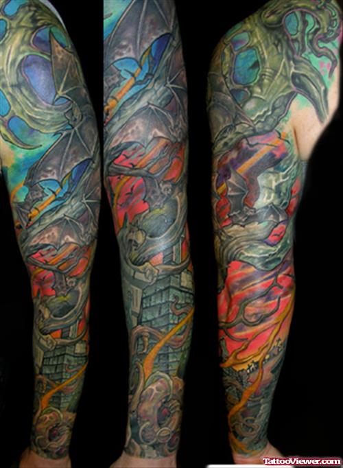 Color Ink Graveyard Tattoo On Full Sleeve