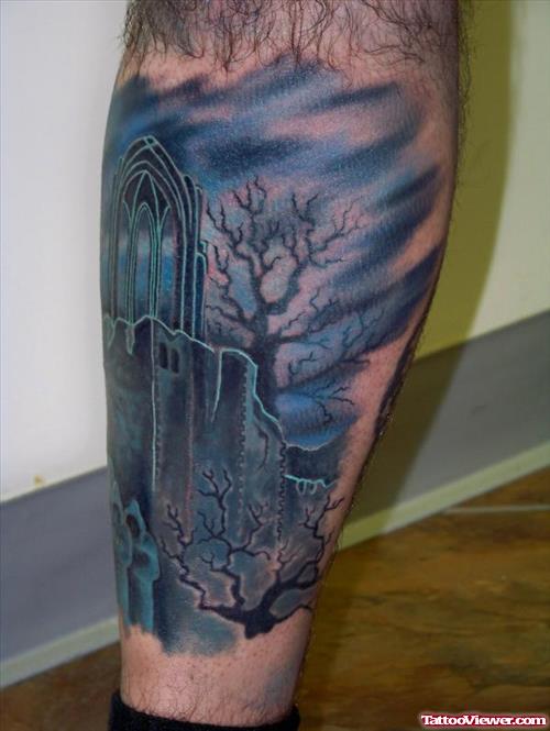 Classic Blue Ink Graveyard Tattoo On Leg