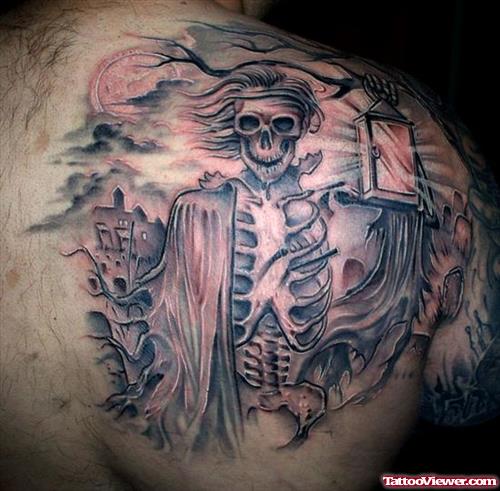 Awesome Grey Ink Graveyard Tattoo On Right Back Shoulder