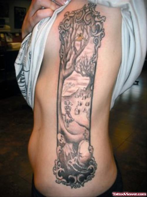 Amazing Grey Ink Graveyard Tattoo On Side Rib