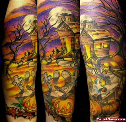 Yellow Ink Halloween Graveyard Tattoo On Sleeve