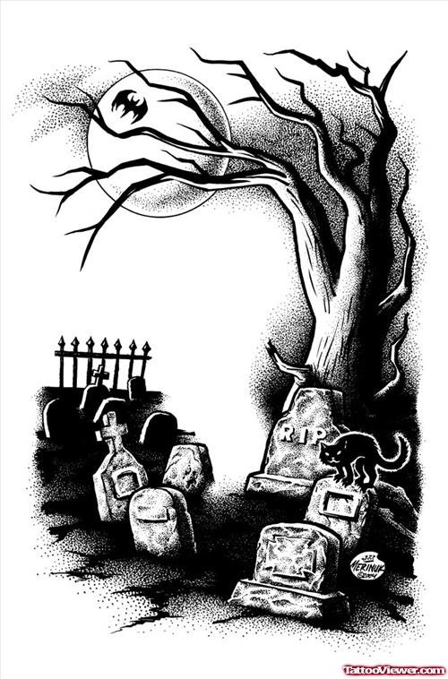 Grey Ink Tree And Tombstone Graveyard Tattoo Design