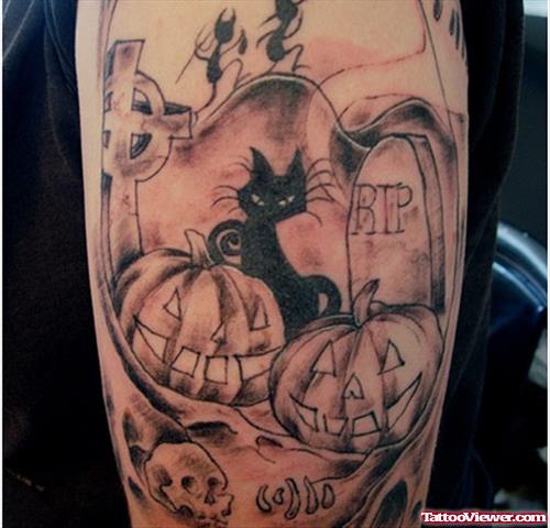 Grey Ink Pumpkins And Graveyard Tattoo On Left Sleeve