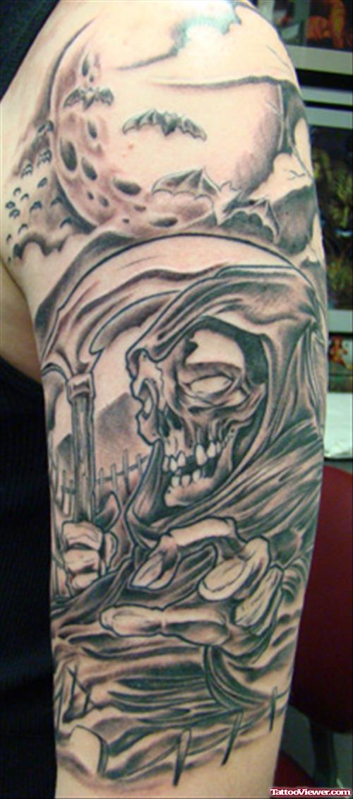 Grey Ink Graveyard Tattoos On Left Half Sleeve