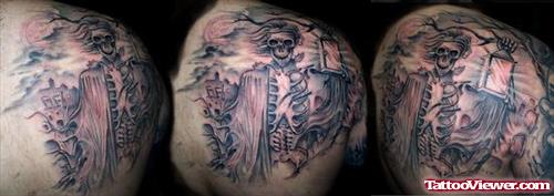 Grey Ink Graveyard Tattoo On Shoulder