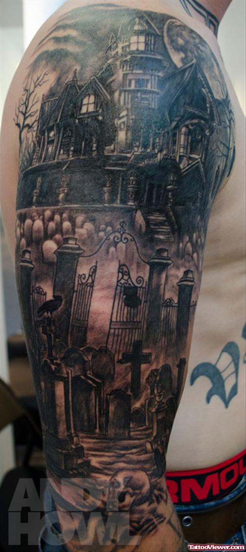 Grey Ink Graveyard Tattoo On Man Right Sleeve