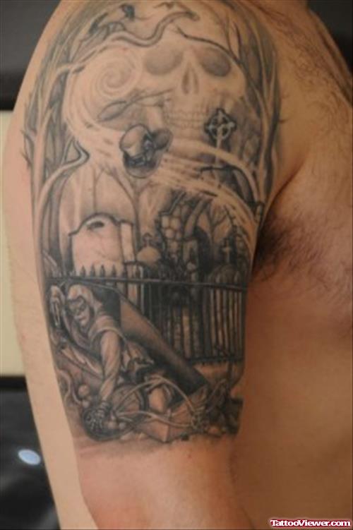 Grey Ink Graveyard Tattoo On Man Right Shoulder