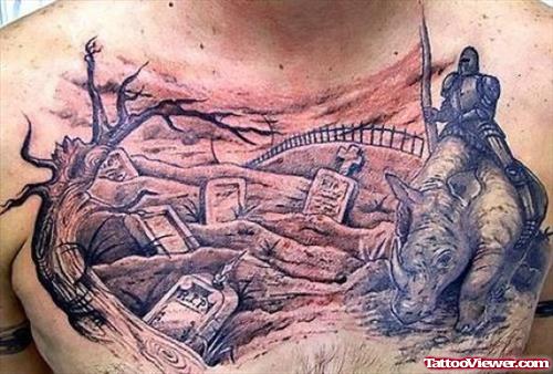 Grey Ink Graveyard Tattoo On Man Chest