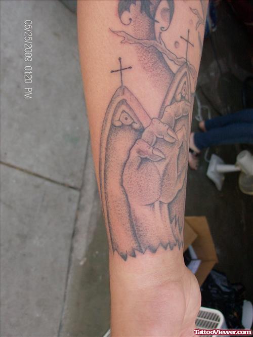 Grey Ink Graveyard Tattoo On Arm
