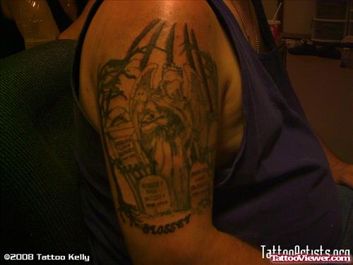 Grey Ink Graveyard Angel Tattoo On Right Half Sleeve