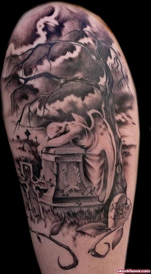 Dark Ink Graveyard Tattoo On Half Sleeve