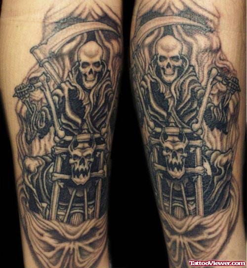 Classic Grey Ink Graveyard Tattoo On Sleeve
