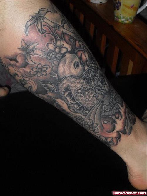 Awesome Grey Ink Graveyard Tattoo On Leg