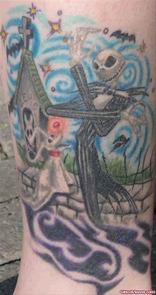 Awesome Colored Graveyard Tattoo On Half Sleeve