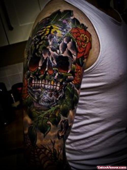 Sugar Skull And Rose flower Graveyard Tattoo On Right Half Sleeve