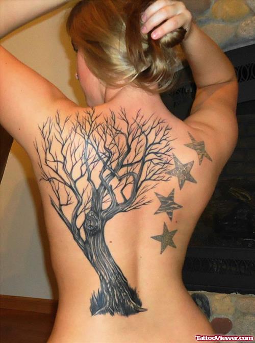 Stars And Tree Graveyard Tattoo On Back