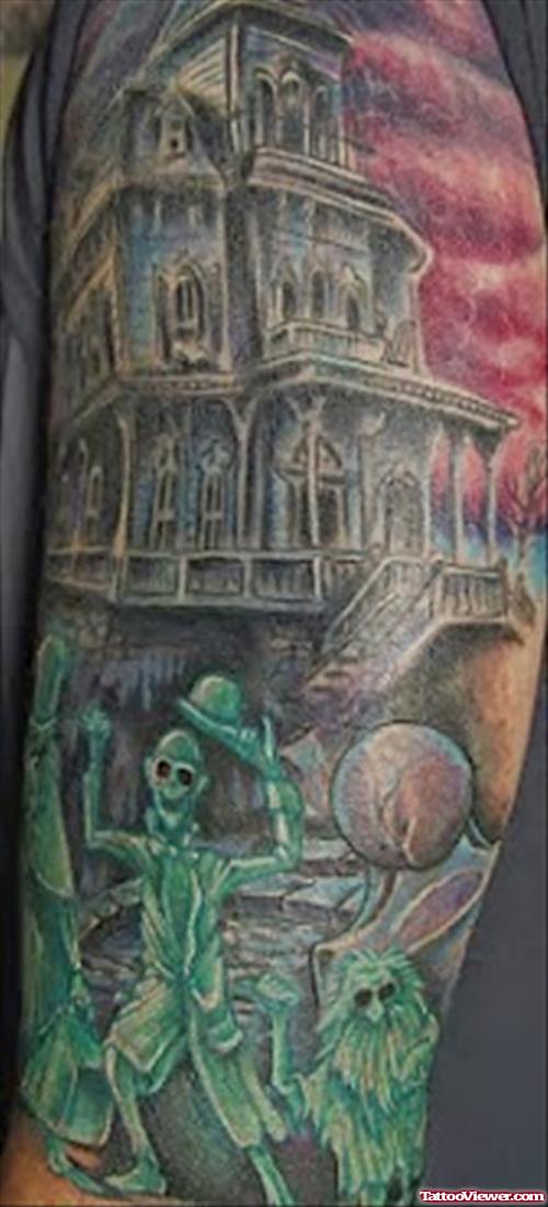 Colored Graveyard Tattoo On Left Sleeve