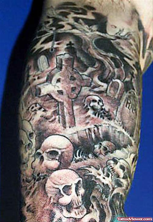 Grey Ink Graveyard Tattoo On Half Sleeve