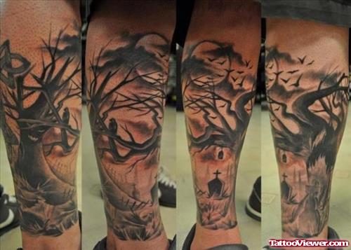 Awesome Grey Ink Graveyard Tattoo On Leg For Men