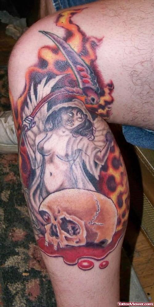 Flaming Skull Graveyard Tattoo On Left Leg