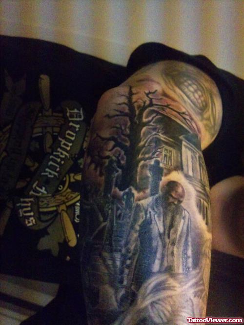 Dark Ink Tree Graveyard Tattoo On Sleeve