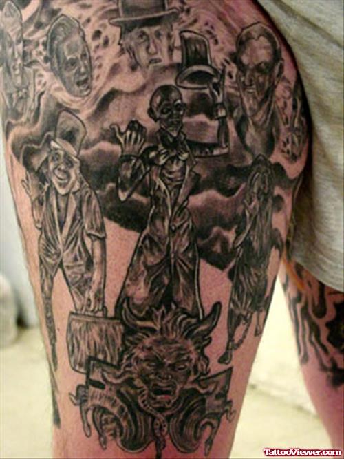 Dark Ink Graveyard Tattoo On Thigh