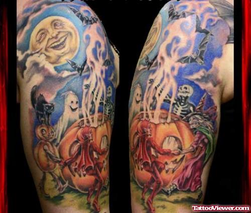 Color Halloween Graveyard Tattoo On Sleeve