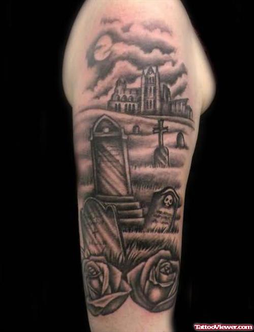 Black Ink Graveyard Tattoo On Half Sleeve