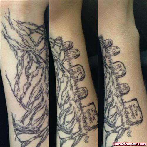 Best Grey Ink Graveyard Tattoo On Sleeve