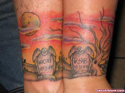 Awesome Colored Graveyard Tattoo On Arm